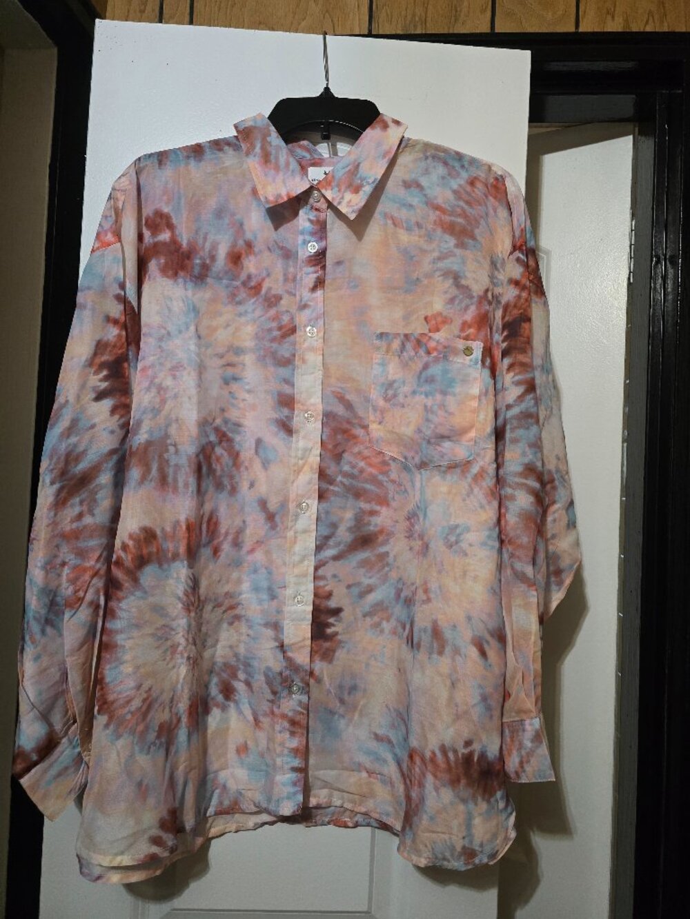 Kenzie + Francesca's Women's Tie-dye Sheer Oversized Button Down Shirt - Large